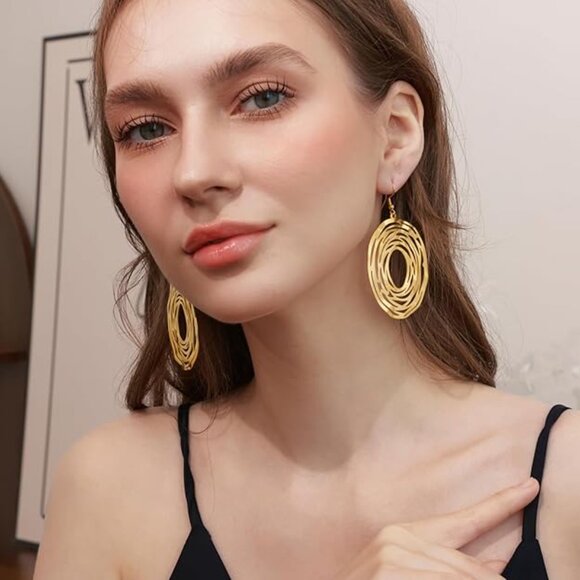 Big Gold Hollow Out Boho Geometric Hook Statement Gold Oval Dangle Earrings - Picture 2 of 6
